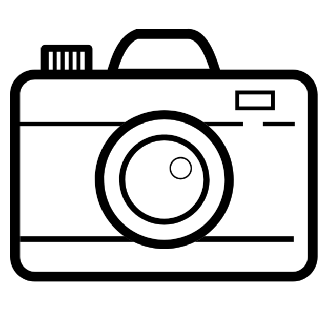Black line drawing of a camera on a white background